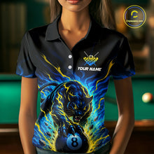 Load image into Gallery viewer, Person wearing a black polo shirt with a blue panther design and 'Your Name' text, pool table in the background