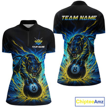 Load image into Gallery viewer, Black polo shirt with a panther holding an eight-ball design on a white background, featuring 'Chiptee Amz' branding.