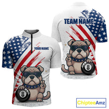 Load image into Gallery viewer, Customizable sports jersey with American flag design and cartoon dog holding an 8-ball, featuring space for 'Your Name' and 'Team Name'.