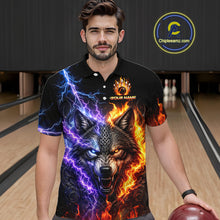 Load image into Gallery viewer, Men’s fire lightning wolf bowling polo shirt, front view on male model in bowling lane 