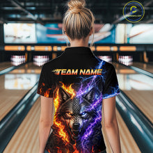 Load image into Gallery viewer, Women’s fire lightning wolf bowling quarter zip shirt, back view on female model in bowling lane 