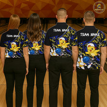 Load image into Gallery viewer, Four people wearing matching bowling shirts with a chicken graphic on a bowling alley.