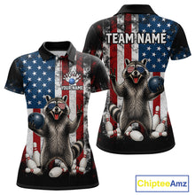 Load image into Gallery viewer, Custom us flag raccoon bowling jersey for women, personalized team bowling polo shirt front view and back view