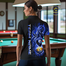 Load image into Gallery viewer, Woman wearing a black t-shirt with a blue graphic design and 'Team Name' text in a pool hall.