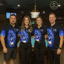 Load image into Gallery viewer, Four people wearing matching blue and black shirts with a pool ball design in a bar setting.