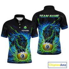 Load image into Gallery viewer, Black polo shirt with panther and pool ball design, customizable text, and Chiptee Amz branding.