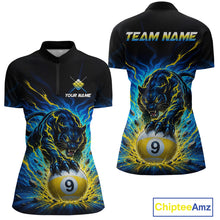 Load image into Gallery viewer, Black polo shirt with a panther and pool ball design, customizable with 'Your Name' and 'Team Name'.