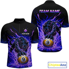 Load image into Gallery viewer, Black t-shirt with a panther and pool ball design on a white background
