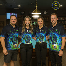 Load image into Gallery viewer, Four people wearing matching polo shirts with a pool ball and snake design in a bar setting.