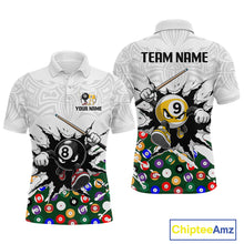Load image into Gallery viewer, Customizable polo shirt with billiards design and space for team name and personalization on a white background.