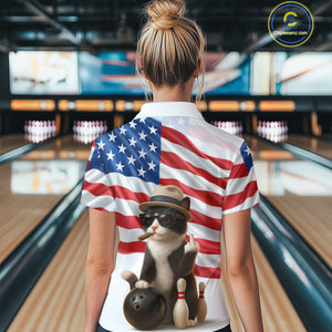 Custom US Flag Funny Cat Bowling Jersey for Women Bowling Uniform Bowling Team Shirts HNT127