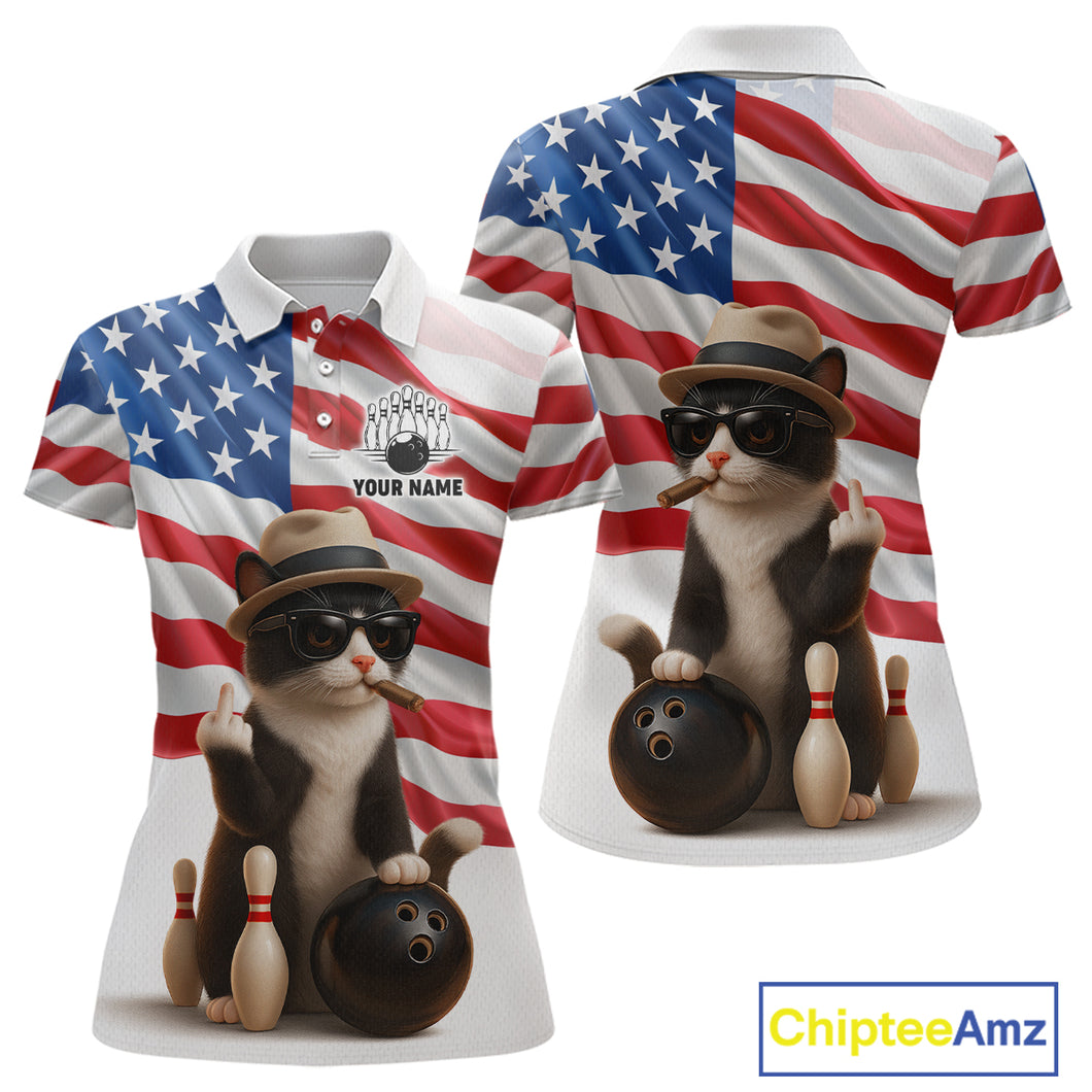 Custom US Flag Funny Cat Bowling Jersey for Women Bowling Uniform Bowling Team Shirts HNT127