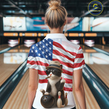 Load image into Gallery viewer, Custom US Flag Funny Cat Bowling Jersey for Women Bowling Uniform Bowling Team Shirts HNT127