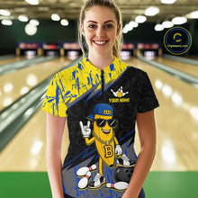 Load image into Gallery viewer, Women polo wearing a custom bowling shirt with a design and text in a bowling alley.