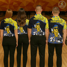 Load image into Gallery viewer, Four people wearing matching bowling shirts with a team logo on a bowling alley.