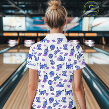 Load image into Gallery viewer, Woman wearing a white shirt with blue cat pattern in a bowling alley.