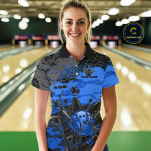 Load image into Gallery viewer, Woman wearing a custom bowling shirt with a bowling alley in the background