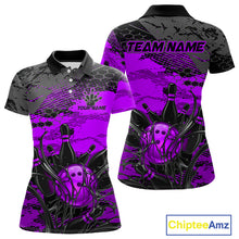 Load image into Gallery viewer, Purple and black bowling-themed polo shirt with 'Team Name' and 'Your Name' text on a white background.