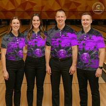 Load image into Gallery viewer, Four people wearing bowling shirts with a purple and black design on a bowling alley.