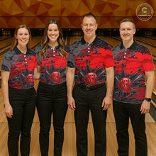 Load image into Gallery viewer, Four people wearing matching red and black shirts with a skull design in a bowling alley.