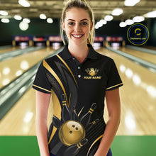 Load image into Gallery viewer, Woman wearing a personalized bowling shirt in a bowling alley