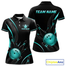 Load image into Gallery viewer, Black and teal bowling-themed polo shirt with customizable text, front and back views.