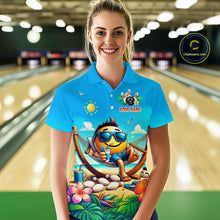 Load image into Gallery viewer, Woman wearing a summer polo shirt with a colorful design in a bowling alley.