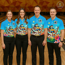 Load image into Gallery viewer, Four people wearing matching summer shirts with a colorful design in a bowling alley.