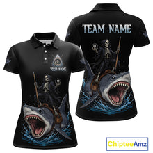 Load image into Gallery viewer, Black polo shirt with skeleton and shark design, customizable text on a white background