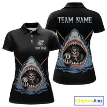 Load image into Gallery viewer, Black polo shirt with shark and skeleton design on front and back, featuring 'Chiptee Amz' branding.