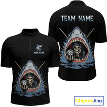 Load image into Gallery viewer, Black polo shirt with shark and skeleton design on front and back, customizable text.