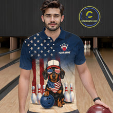 Load image into Gallery viewer, Man wearing a polo shirt with a dog design and American flag, standing in a bowling alley.