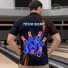 Load image into Gallery viewer, Man wearing a quarter zip with neon blue and orange cartoon bowling ball and pin graphics, plus custom team name text.
