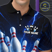 Load image into Gallery viewer, Bowling shirt with personalized name design and bowling pins on a dark blue background