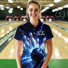 Load image into Gallery viewer, Woman wearing a black and blue bowling polo shirt featuring lightning effects, a large blue bowling ball striking pins, and custom player name text.