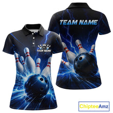 Load image into Gallery viewer, Front and back views of a black and blue bowling polo shirt featuring lightning effects, a large blue bowling ball striking pins, and custom team and player name text.