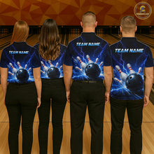 Load image into Gallery viewer, Four people wearing black and blue bowling polo shirt featuring lightning effects, a large blue bowling ball striking pins, and custom team name text.