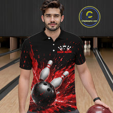 Load image into Gallery viewer, Man wearing a black bowling polo shirt with dramatic red splatter graphics, a large black bowling ball, and flying pins, plus custom player name text.