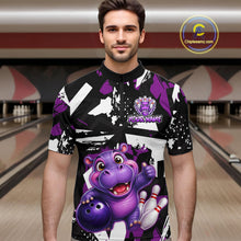 Load image into Gallery viewer, Man wearing a bowling quarter zip shirt featuring a cheerful purple hippo mascot holding a bowling ball, with custom player name text.