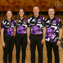 Load image into Gallery viewer, Four people wearing wearing of a black, white, and purple bowling quarter zip shirt featuring a cheerful purple hippo holding a bowling ball, with custom team name text.