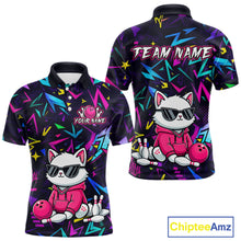 Load image into Gallery viewer, Front and back views of a black bowling polo with neon geometric patterns, custom team text, and a white cat mascot in sunglasses holding a pink bowling ball.