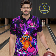 Load image into Gallery viewer, Man wearing a black and purple bowling polo shirt featuring a cartoon dachshund wearing sunglasses and a crown, holding a pink bowling ball, with custom player name text.