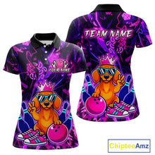 Load image into Gallery viewer, Front and back views of a black and purple bowling polo shirt featuring a cartoon dachshund wearing sunglasses and a crown, holding a pink bowling ball, with custom team and player name text.