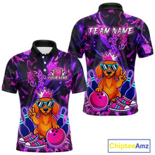 Load image into Gallery viewer, Front and back views of a black and purple bowling polo shirt featuring a cartoon dachshund wearing sunglasses and a crown, holding a pink bowling ball, with custom team and player name text.