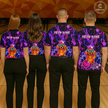 Load image into Gallery viewer, Four people wearing a black and purple bowling polo shirt featuring a cartoon dachshund wearing sunglasses and a crown, holding a pink bowling ball, with custom team name text.