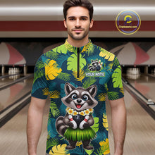 Load image into Gallery viewer, Man wearing a tropical bowling quarter zip featuring a smiling raccoon mascot in a grass skirt, leafy patterns, bowling pins, and custom your name text.