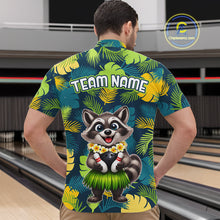 Load image into Gallery viewer, Man wearing a tropical bowling quarter zip featuring a smiling raccoon mascot in a grass skirt, leafy patterns, bowling pins, and custom team name text.