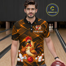 Load image into Gallery viewer, Man wearing a orange and black bowling polo shirt featuring a cool rooster mascot wearing sunglasses, a red bowling ball, bowling pins, and custom your name text.