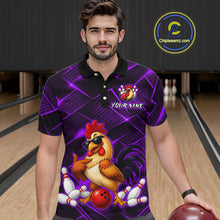 Load image into Gallery viewer, Man wearing a purple and black bowling polo shirt featuring a cool rooster mascot wearing sunglasses, a red bowling ball, bowling pins, and custom your name text.
