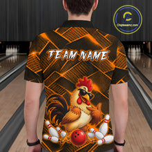 Load image into Gallery viewer, Man wearing a orange and black bowling polo shirt featuring a cool rooster mascot wearing sunglasses, a red bowling ball, bowling pins, and custom team name text.
